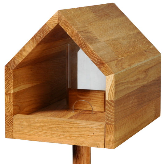 LUXUS-VOGELHAUS® Design-Vogelfutterhaus "Bauhaus" aus geöltem Eichenholz mit Acrylglassilo.
