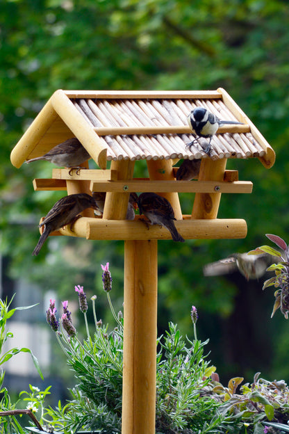 Vogelfutterstation mit Schilfdach und stabilem Standfuß, handgefertigt und ideal für naturnahe Gartenliebhaber.
