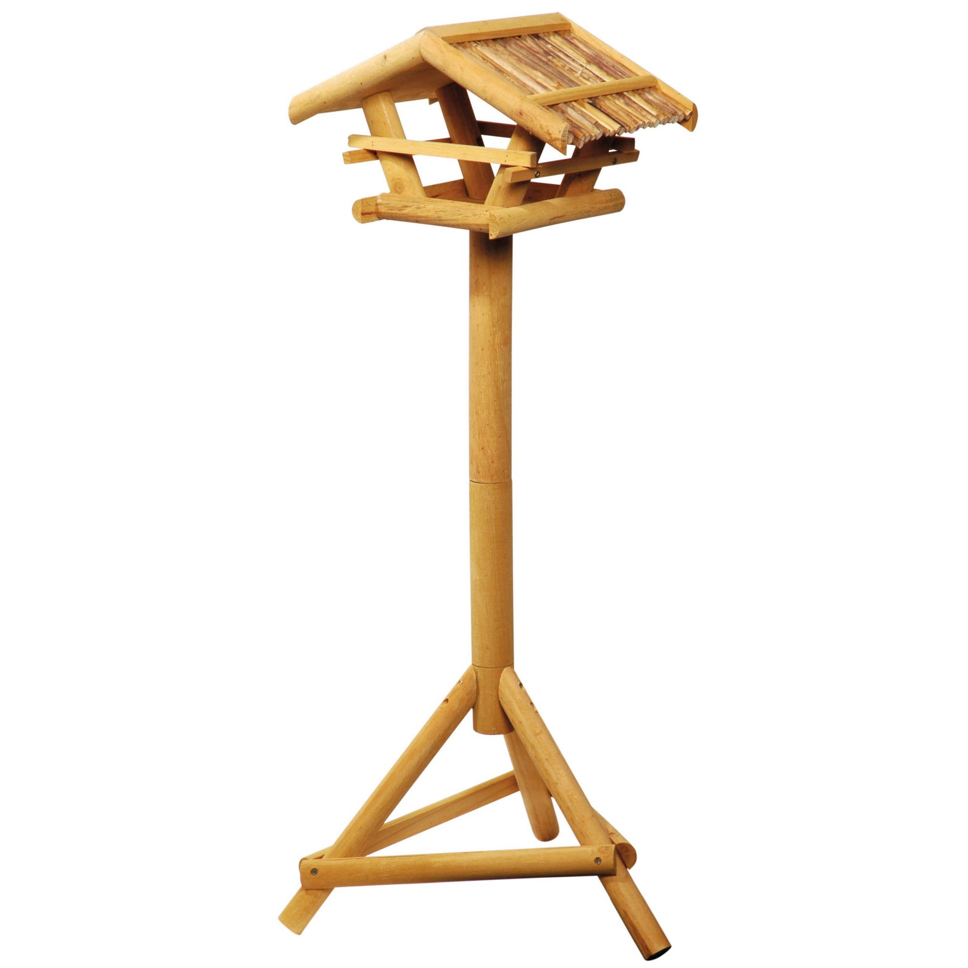 LUXUS-VOGELHAUS® kompakte Futterstation aus FSC®-zertifiziertem Kiefernholz, mit wetterfestem Schilfdach und stabilem dreibeinigen Ständer.