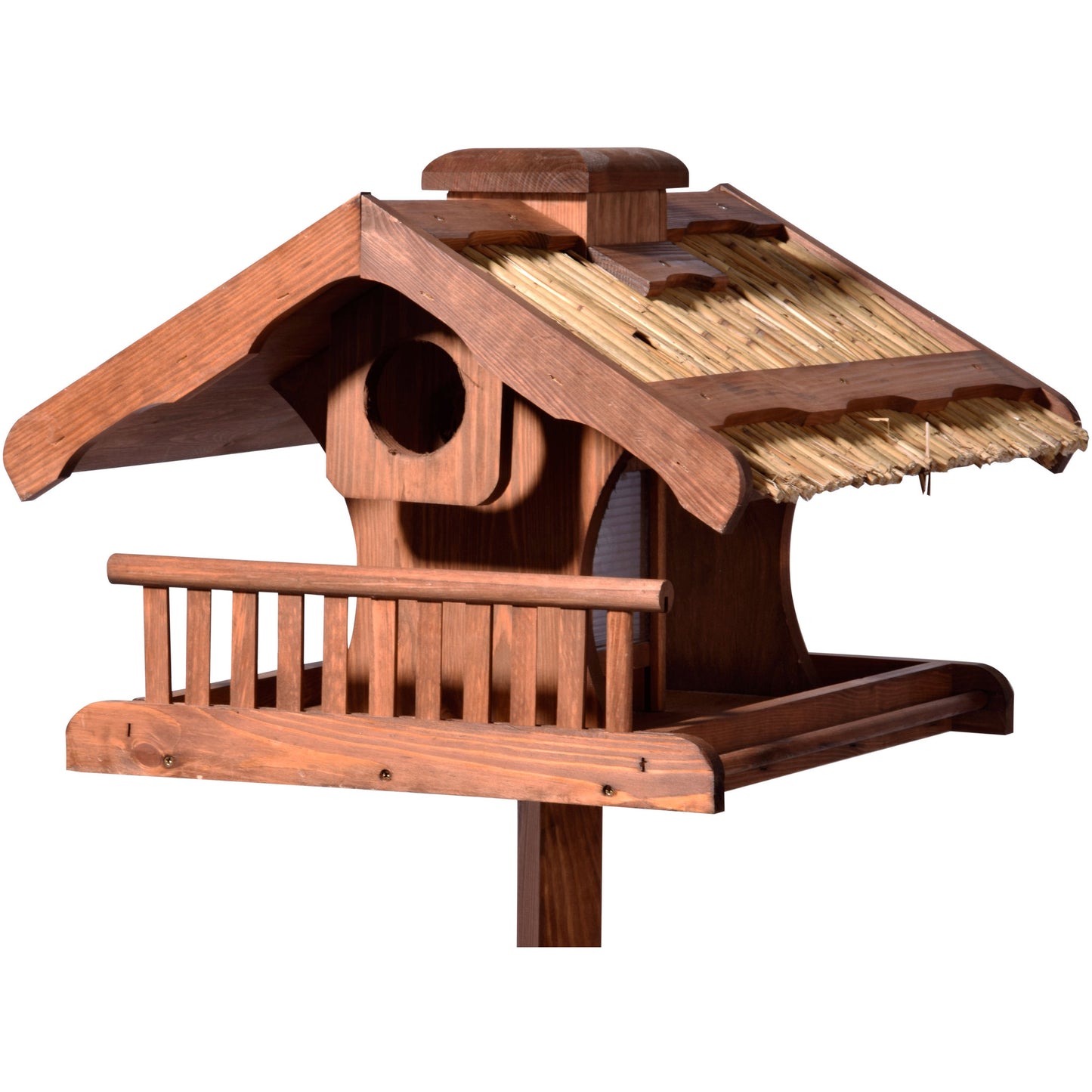 LUXUS-VOGELHAUS® XXL Vogelfutterhaus mit Schilfdach, handgefertigt aus FSC®-zertifiziertem Kiefernholz, wetterfest.
