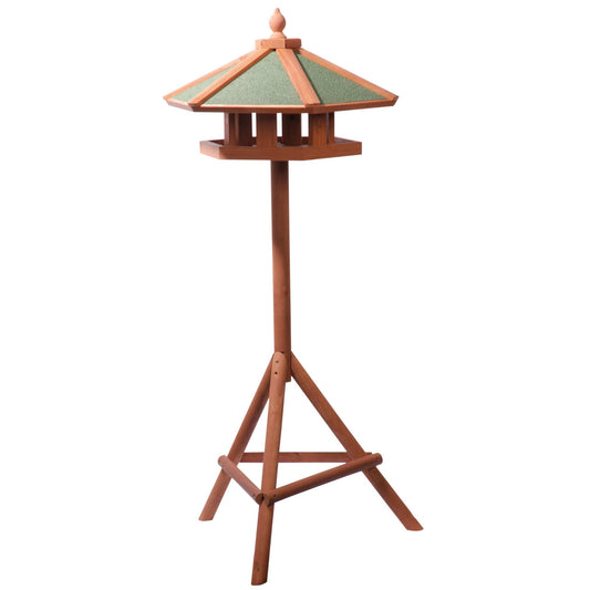 LUXUS-VOGELHAUS® Vogelfutterhaus "Panorama" aus FSC®-Kiefernholz mit grünem Bitumendach und stabilem Ständer.