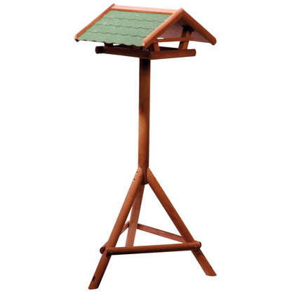 LUXUS-VOGELHAUS® Vogelfutterstation "Panorama" aus wetterfestem FSC®-Kiefernholz mit grünem Bitumendach und dreibeinigem Ständer.
