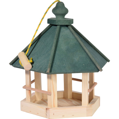 Traditionelles Vogelhäuschen aus Kiefernholz mit grünem Dach
