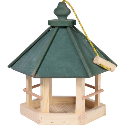Handgefertigtes Vogelfutterhaus mit Querstreben und Kordelaufhängung
