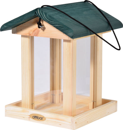 Detailansicht der robusten Futterstation mit Acrylglasscheiben und grünem Dach.
