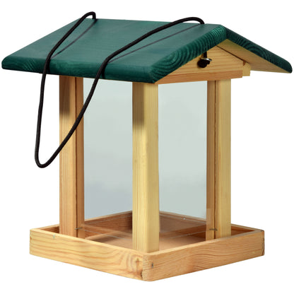 LUXUS-VOGELHAUS "Green Shelter" aus FSC®-zertifiziertem Kiefernholz mit grünem Dach und Acrylglasscheiben.
