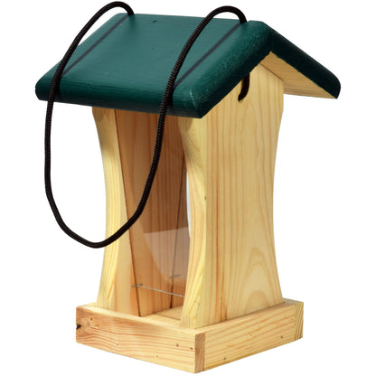 Kleine Vogelfutterstation mit grünem Dach und Acrylglasschutz
