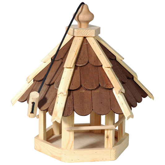 Art.90638e - Vogelfutterhaus mit braunen Holzschindeln und Kordel