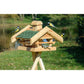 Wetterfestes Vogelfutterhaus aus massivem Holz mit integriertem Futtersilo und grünem Dach, schützt Futter vor Regen.