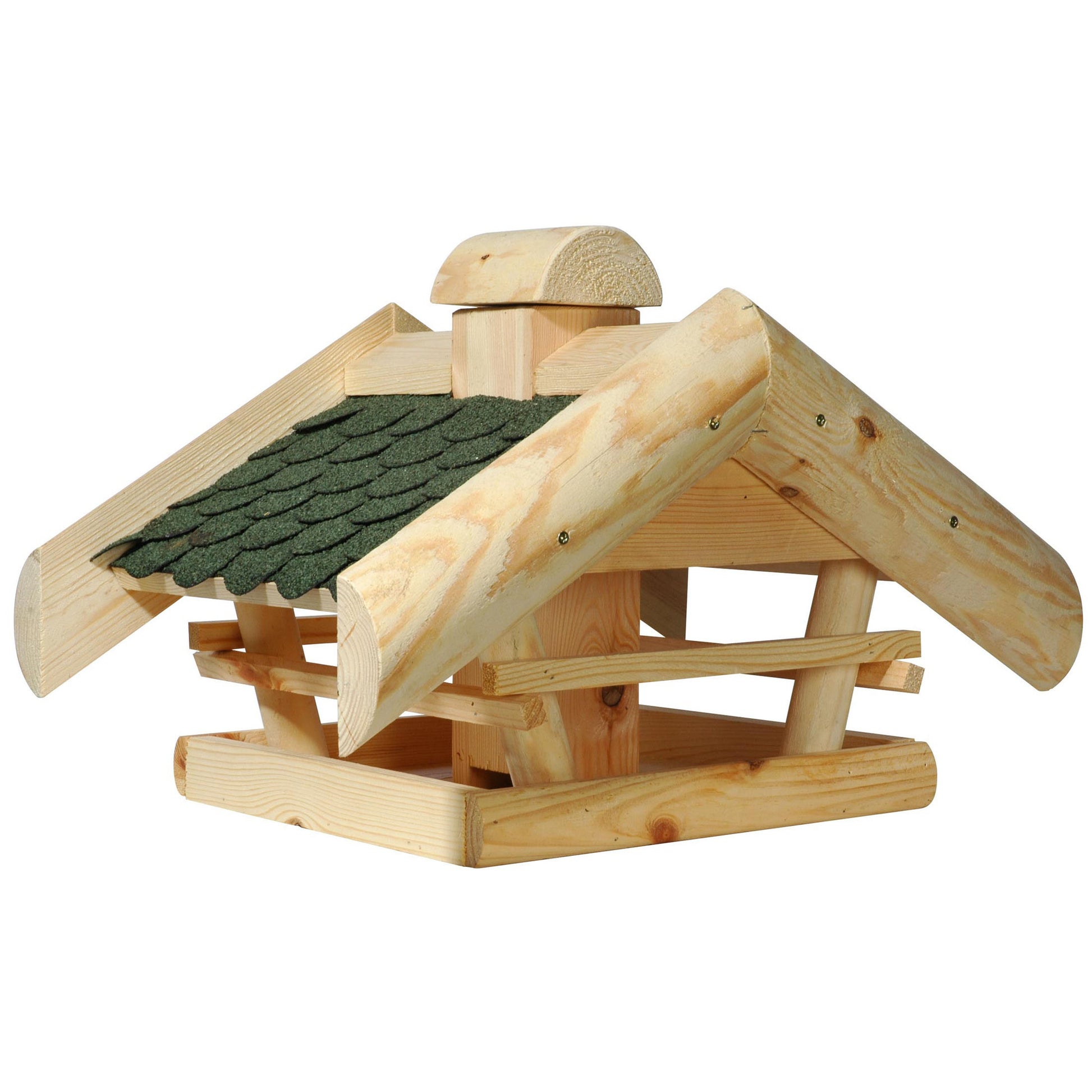 Massives Vogelfutterhaus aus imprägniertem Kiefernholz mit grünem Bitumendach und praktischem Futtersilo, montiert auf einem Ständer.
