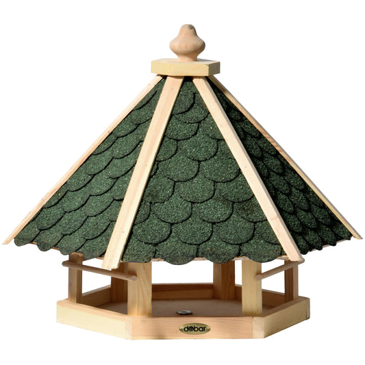 Sechseckiges Vogelhaus aus massivem Kiefernholz mit grünem Bitumendach, ideal für die Fütterung von Wildvögeln im Garten