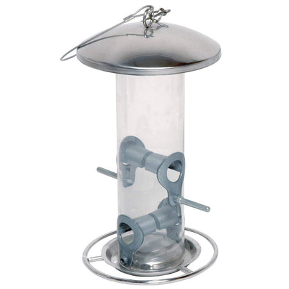 Wetterfeste Futtersäule aus Metall mit Acrylglassilo und Edelstahlseil
