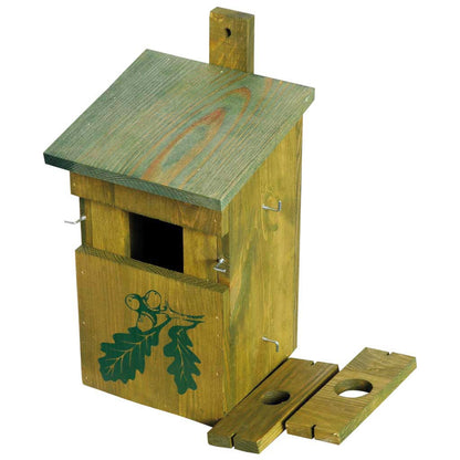 Wetterfester Nistkasten mit Ø28 mm, Ø35 mm und Halbhöhle für verschiedene Wildvogelarten.

