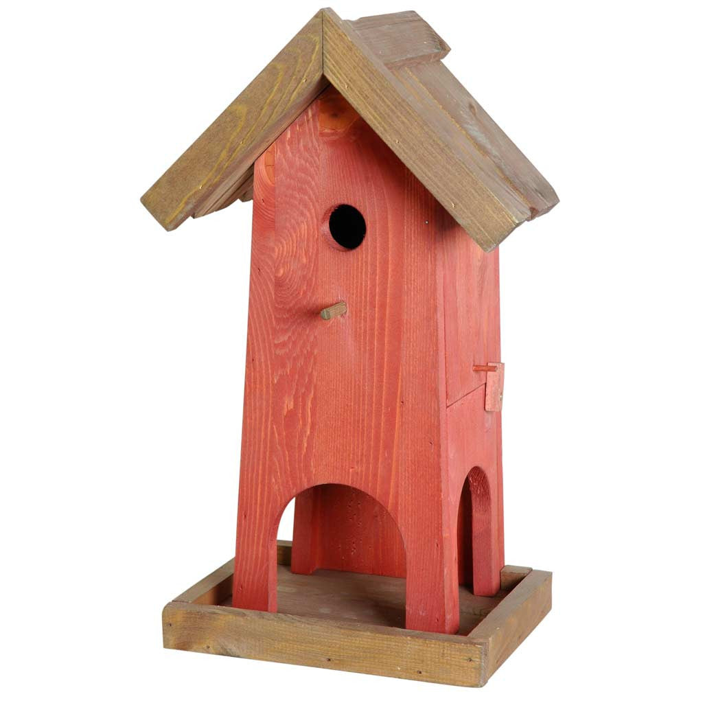 Vogelhaus "Red House" in Rot/Braun, vielseitig als Nistkasten und Futterhaus, mit praktischer Öffnungsklappe