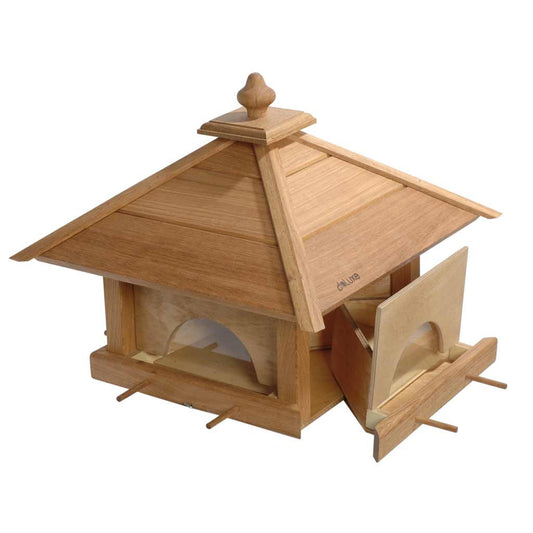 Vogelfutterhaus "4 Schubladen" aus massivem Eichenholz – Praktische Futterstation mit UV-Schutz - Luxus-Vogelhaus.de